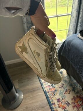 Golden Goose White and Gold Star High-Top Sneakers